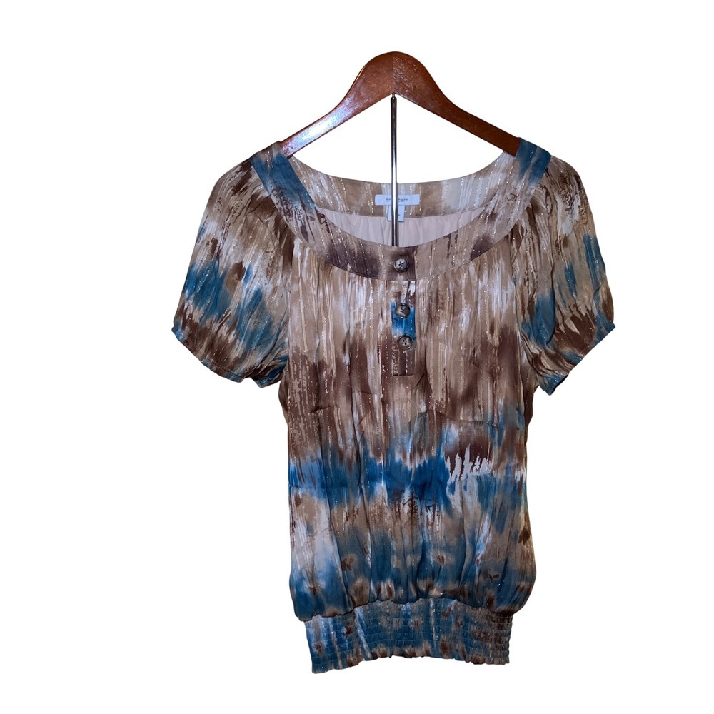 dressbarn Blouse Women Small Brown Teal Tie Dye Smocked Metallic Boho Shimmer